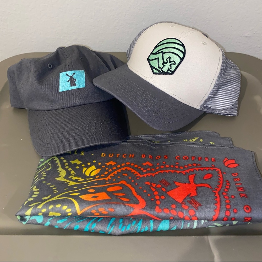 Two Dutch Bros Hats and Drink One for Dane Dutch Bros Bandanna